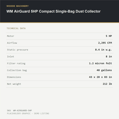 WM AirGuard 5HP Compact Single-Bag Dust Collector - technical data