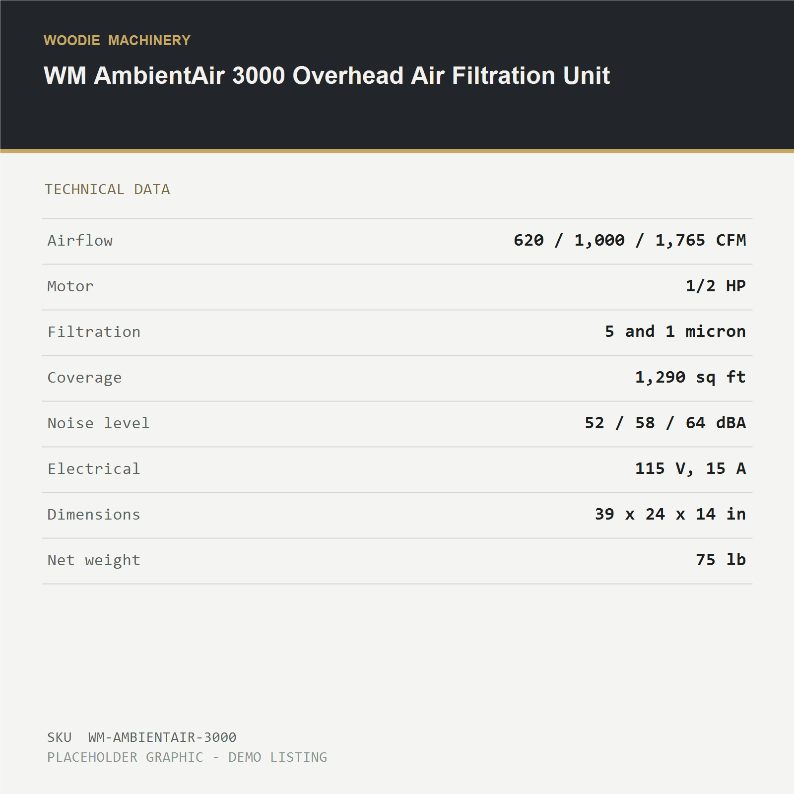 WM AmbientAir 3000 Overhead Air Filtration Unit - technical data