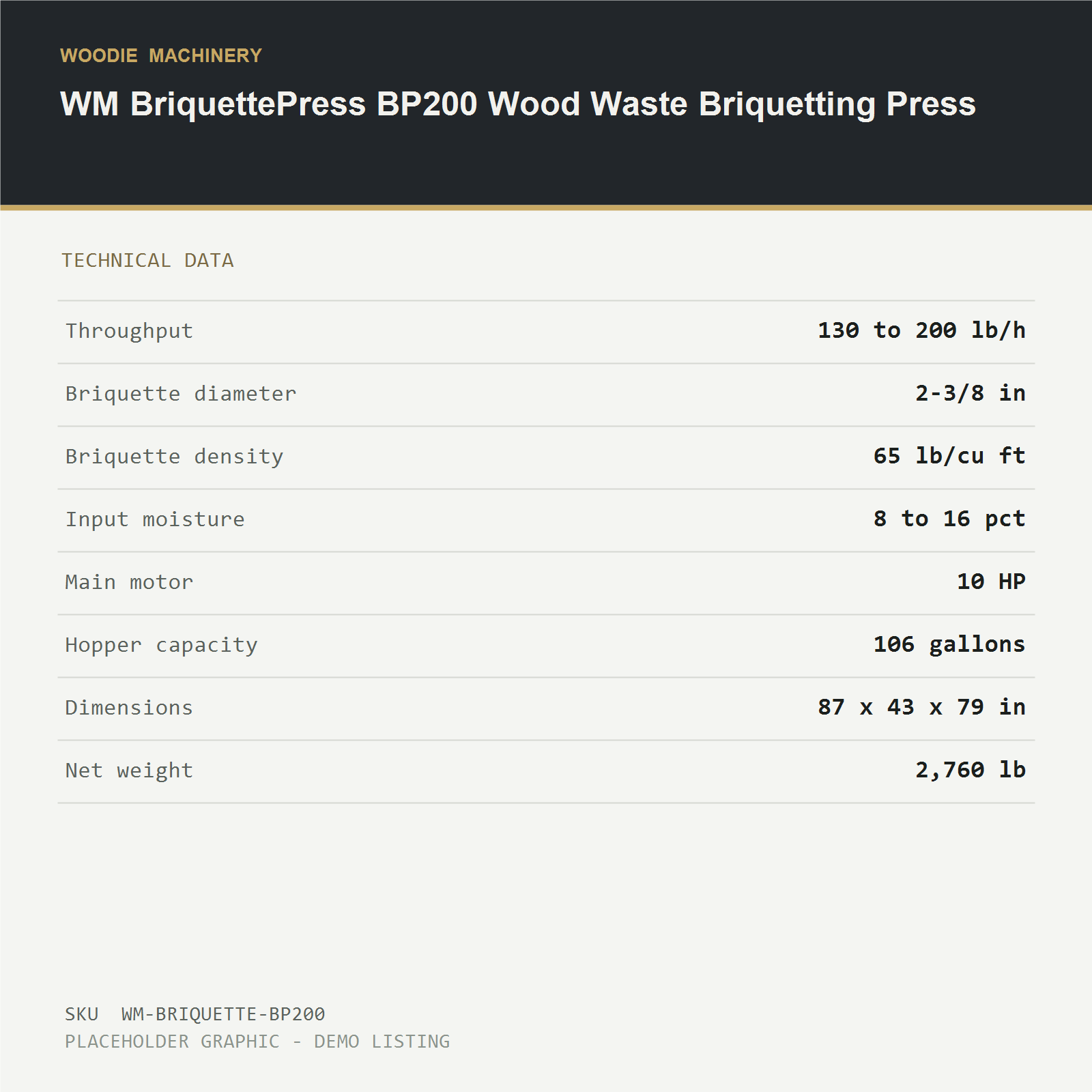 WM BriquettePress BP200 Wood Waste Briquetting Press - technical data
