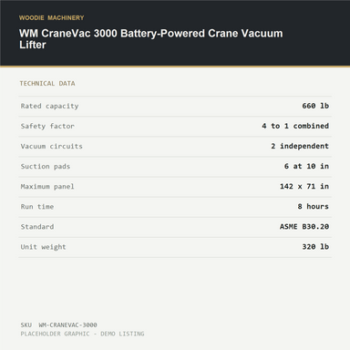 WM CraneVac 3000 Battery-Powered Crane Vacuum Lifter - technical data