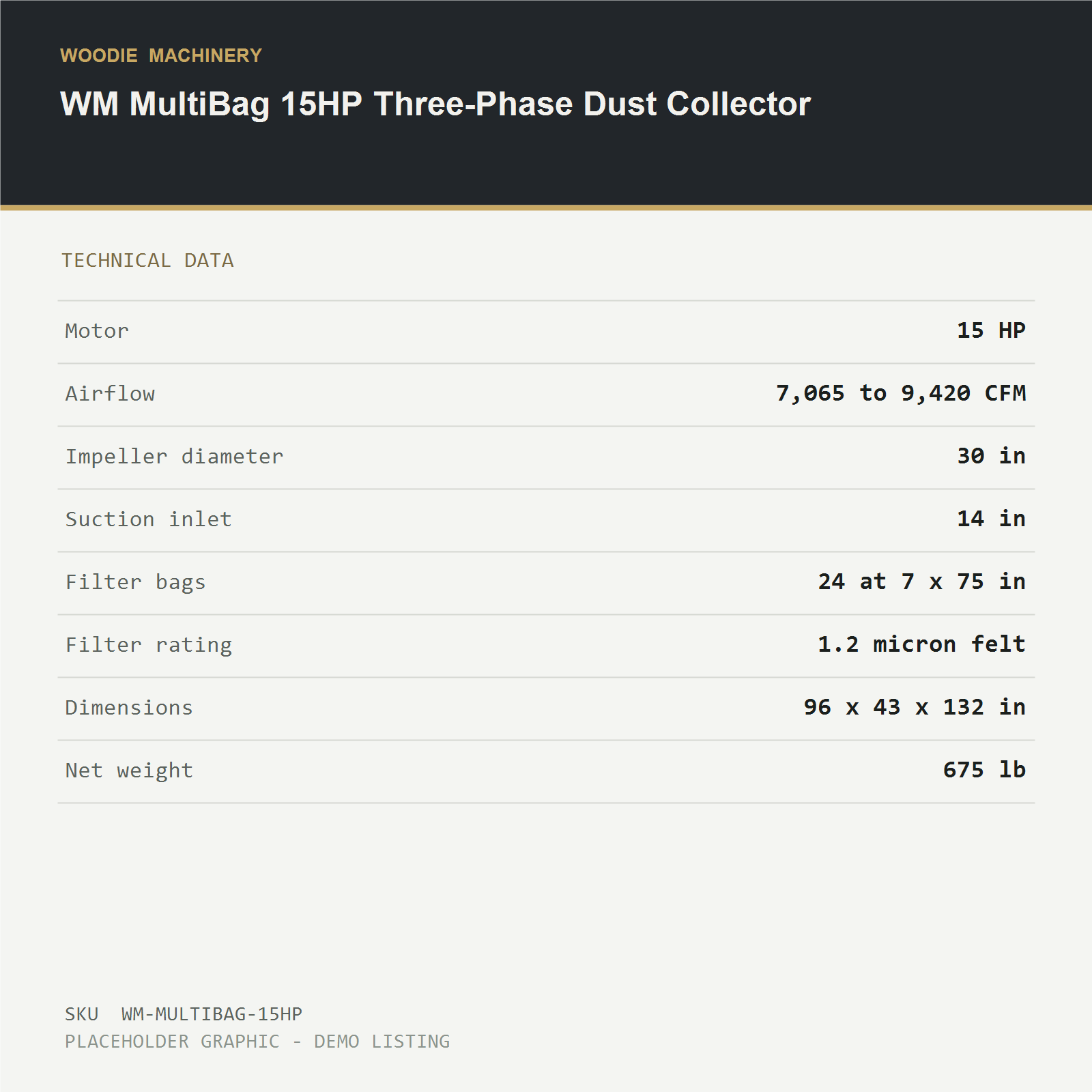 WM MultiBag 15HP Three-Phase Dust Collector - technical data