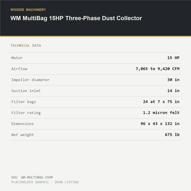 WM MultiBag 15HP Three-Phase Dust Collector - technical data