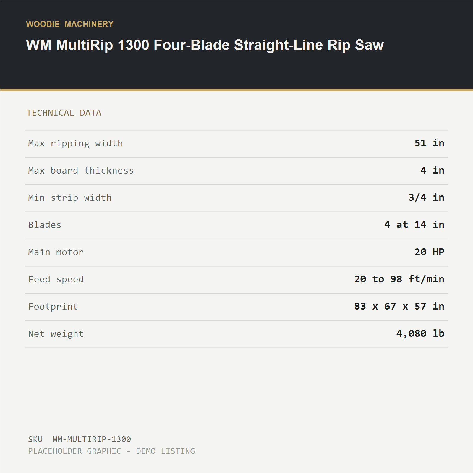 WM MultiRip 1300 Four-Blade Straight-Line Rip Saw - technical data