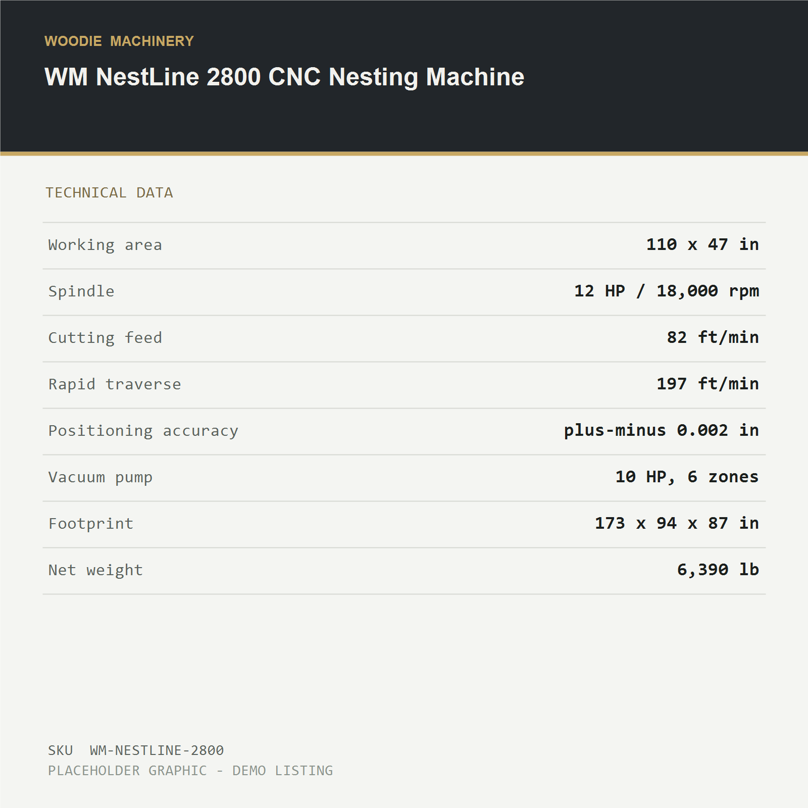 WM NestLine 2800 CNC Nesting Machine - technical data