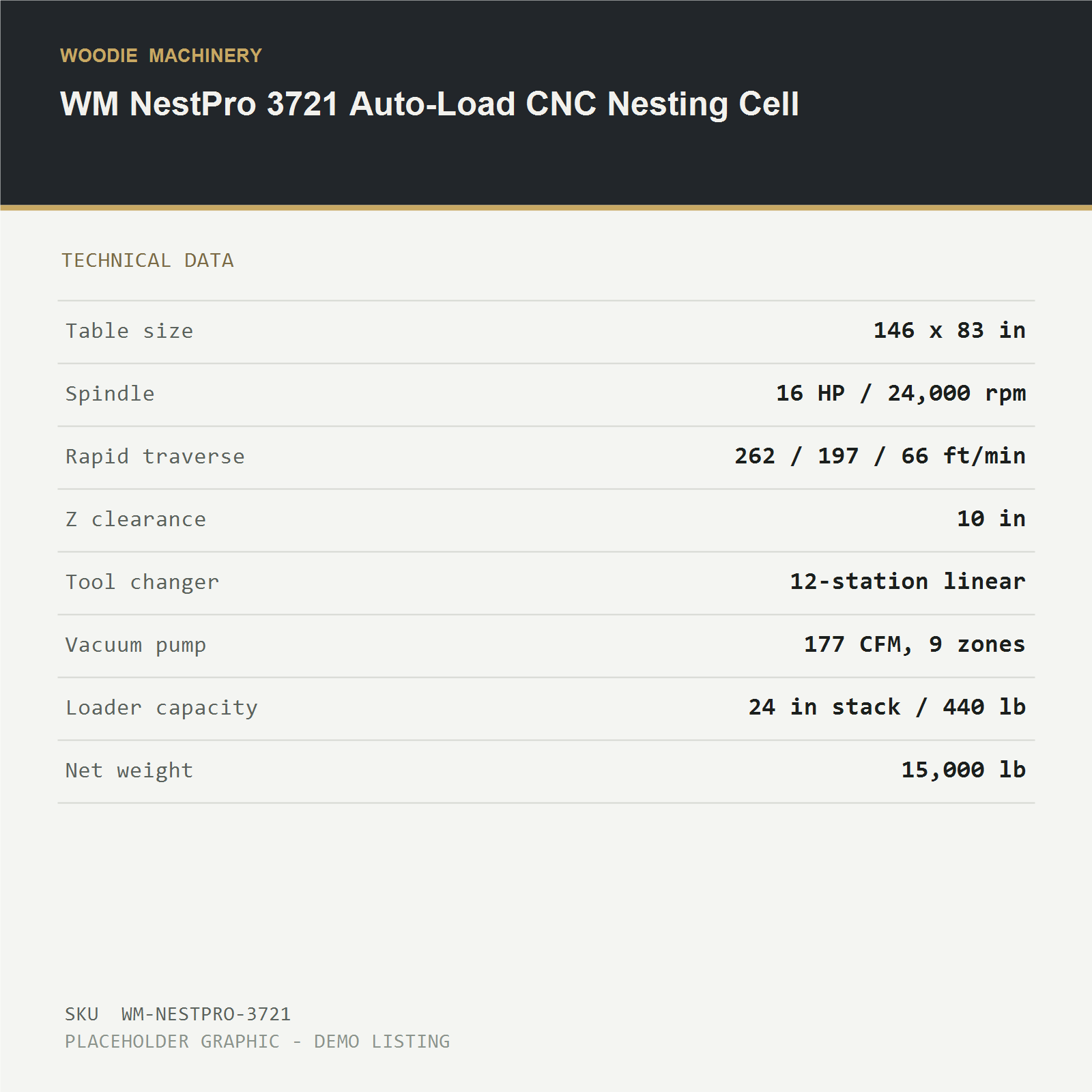 WM NestPro 3721 Auto-Load CNC Nesting Cell - technical data