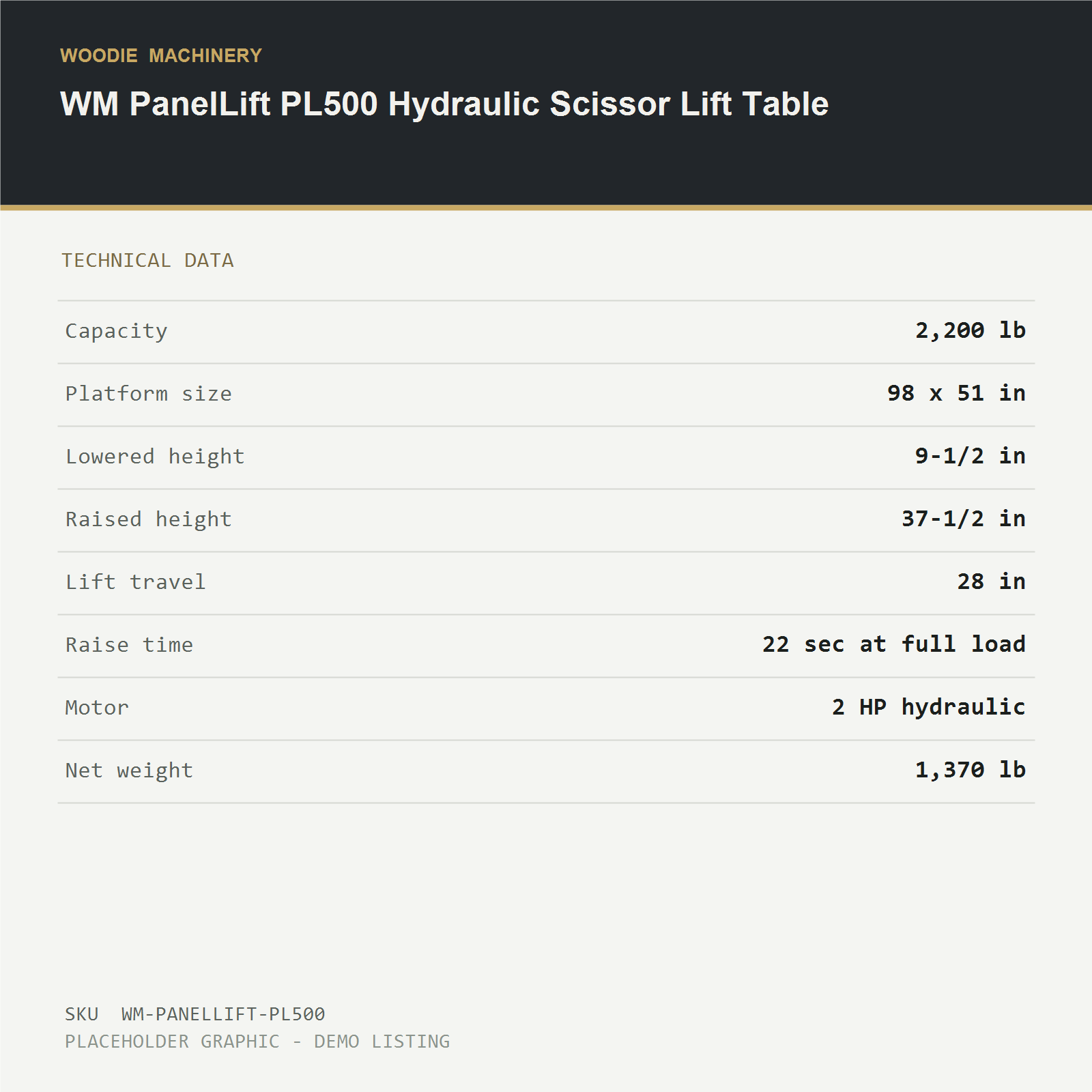 WM PanelLift PL500 Hydraulic Scissor Lift Table - technical data