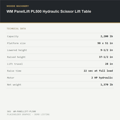 WM PanelLift PL500 Hydraulic Scissor Lift Table - technical data