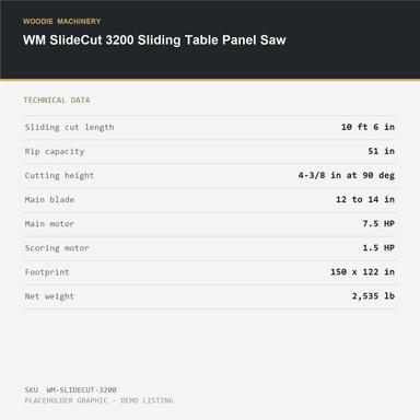 WM SlideCut 3200 Sliding Table Panel Saw - technical data