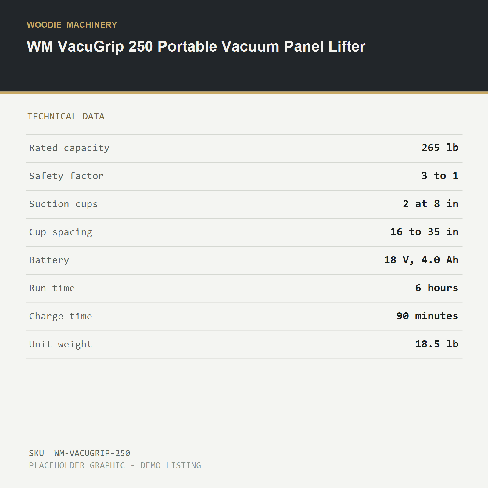 WM VacuGrip 250 Portable Vacuum Panel Lifter - technical data