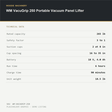 WM VacuGrip 250 Portable Vacuum Panel Lifter - technical data