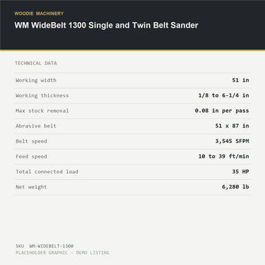 WM WideBelt 1300 Single and Twin Belt Sander - technical data